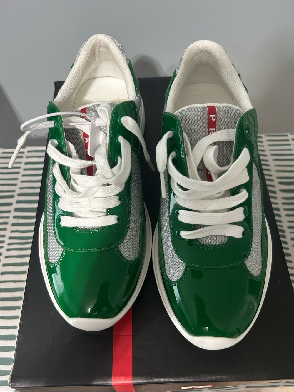 Prada Green and White Patent Leather Sneakers